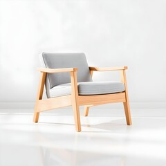 Fototapeta premium A modern wooden chair with gray cushions sits in a white room.