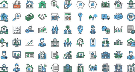 Fototapeta premium A collection of various colorful icons depicting buildings people and objects