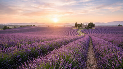 Fototapeta premium Scenic Lavender Field at Sunset with Rolling Hills and Clear Sky