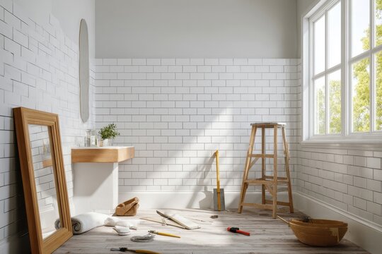 Wide shot of a bathroom renovation, new white tiles halfway installed, tools on floor, mirror leaning