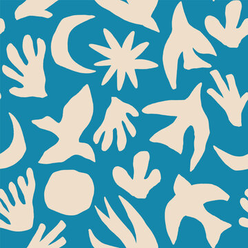 Abstract seamless pattern with bold bird silhouettes and organic shapes in a modern cut-out style. Minimal color palette creates a graphic, artistic look ideal for textiles, decor, and design projects