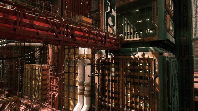 towering vertical stack of containers and passage platforms, narrow catwalks connecting massive crates, bolted girder structure with rusted joints, ambient