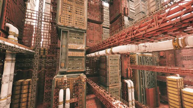 interconnected rusted pipelines and supports, dense horizontal conduits with visible flanges and welded joints, warm light filtering through gaps evokes