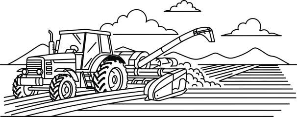 Naklejka premium Tractor harvesting crops in a rural landscape