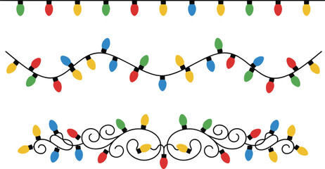 Naklejka premium Decorative holiday string lights in colorful red, yellow, green, and blue bulbs with straight, wavy, and ornate festive designs for Christmas, celebration, and seasonal decoration