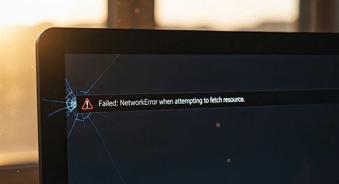 Laptop screen displays network error message with cracked screen effect