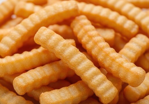 A pile of crinkle cut french fries on a table