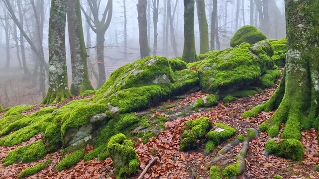 Italy Monte Cimino Faggeta mystic beech forest in fog. Huge volcanic boulders covered in green moss with orange autumn leaves. Ancient trees bark texture and mushrooms in misty woodland 4k video