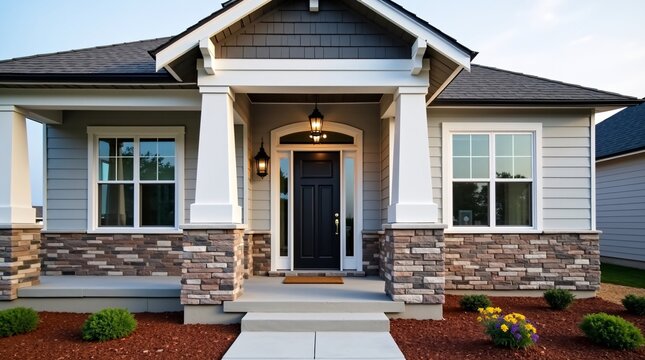 A modern single-story home&rsquo;s front porch features a black front door with an arched transom window, framed by two white columns with stacked stone bases.