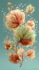 Obraz premium Ethereal skeleton leaves suspended in liquid with golden particles and water droplets. A macro concept of natural skincare, cellular hydration, and biotech innovation.