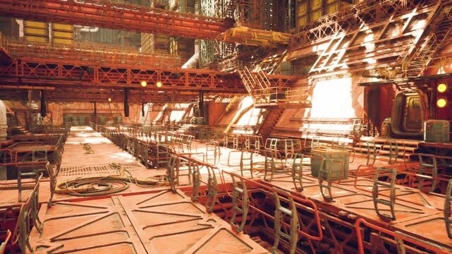 Sun drenched engineering briefing hall with organized tables, planning boards, scattered tools and cables, soft warm light through high windows, ready