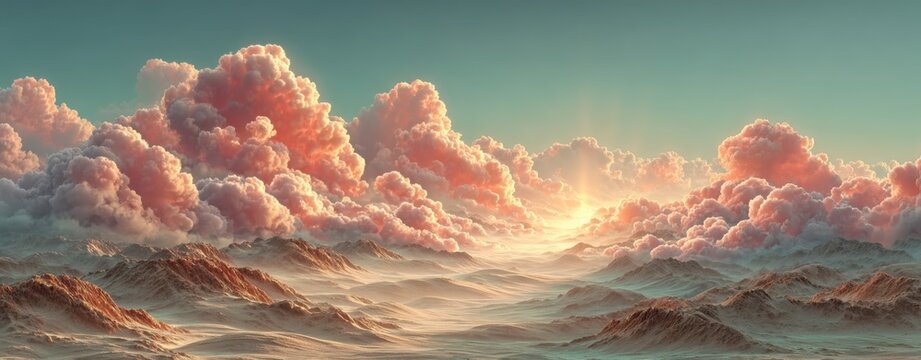 Otherworldly alien planet landscape with luminous pink cumulus clouds over a misty valley at dawn. Epic fantasy background for spiritual or sci-fi concepts.