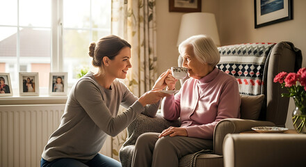 Obraz premium Caring daughter helping her elderly mother drink tea at home, showing love and support