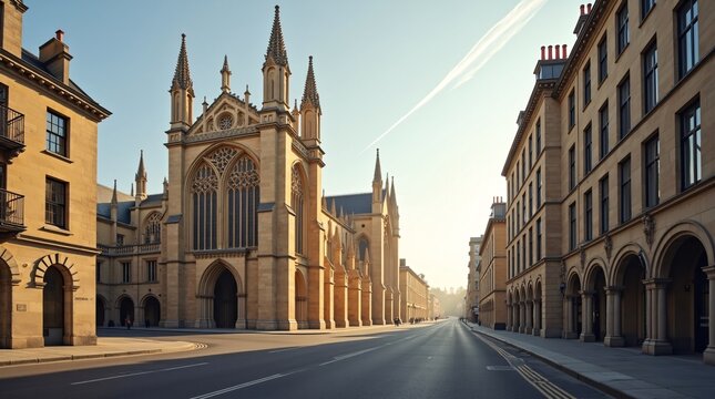 A sunlit historic street showcases a grand Gothic revival building with intricate stone spires and tracery windows at its center, flanked by classic European stone architecture.