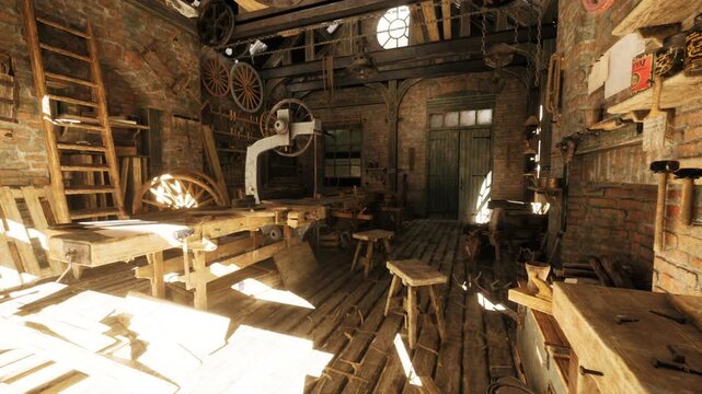highcontrast cinematic woodshop bathed in streaks of light, deep shadows, textured floorboards, looming machinery creating moody atmospheric composition