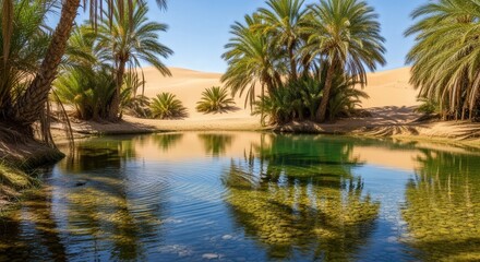 Obraz premium Serene Oasis in a Desert Landscape with Palm Trees and Water Reflection
