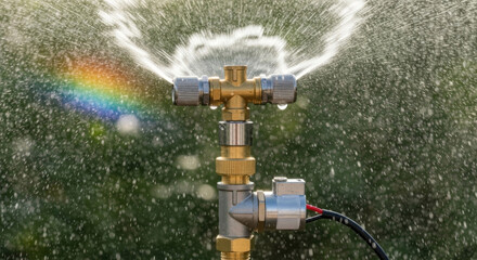 Fototapeta premium Brass Hydraulic Valve Sprays Water, Creating A Rainbow Effect in The Sunlight. Clear Droplets Glisten in The Air, Adding to The Vibrant Scene Concept Sustainable Living