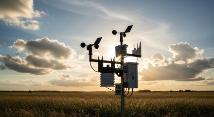 Obraz premium Weather Station Silhouette Against A Stunning Sunset, Capturing The Essence of Natures Beauty And Technology Working Together Concept Renewable Energy Design
