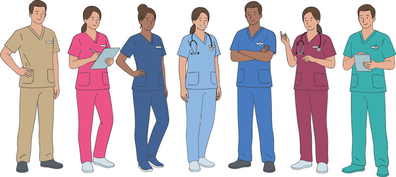 Diverse healthcare medical team of doctors and nurses wearing colorful scrubs with stethoscopes and digital tablets for hospital staff recruitment and professional clinic nursing vector illustration