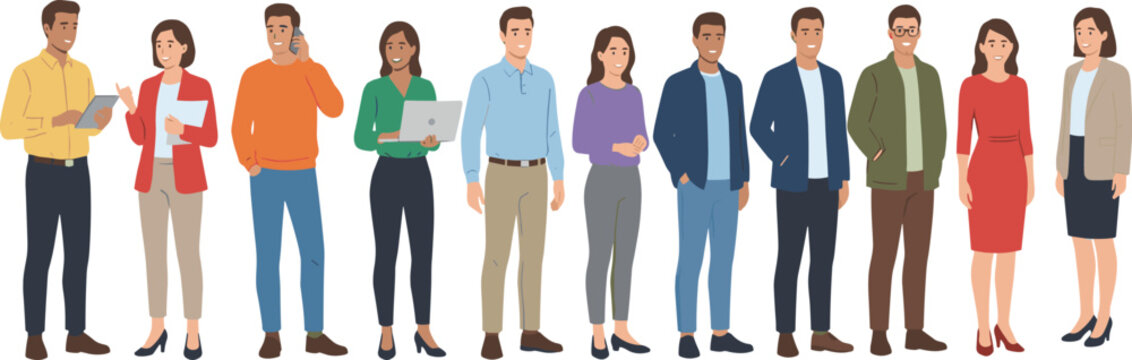 Diverse business team and young office professionals standing with laptops and documents for corporate communication digital transformation and modern employee recruitment flat vector