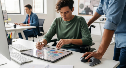 Obraz premium Young Woman of Mixed Ethnicity in A Wheelchair Is Focused on A Digital Tablet, Designing Graphics in A Bright Modern Office Concept Modern Interior Design