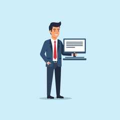 Obraz premium Professional Man Presenting Information on a Computer Screen with Confidence.