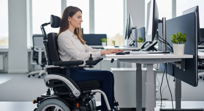 Young Caucasian Woman Uses A Computer at An Accessible Office Workstation, Demonstrating Inclusion And Modern Workplace Design Concept Modern Interior Design