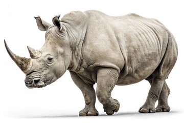 Obraz premium Powerful adult white rhinoceros standing, full body view of the massive African mammal with thick wrinkled skin and a prominent horn