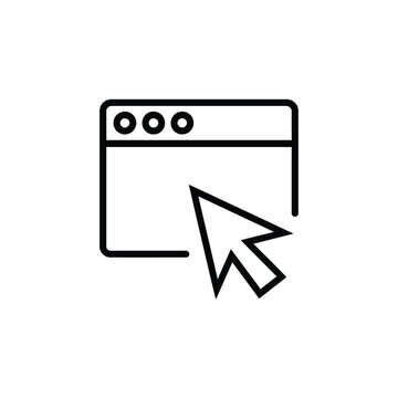 A simple black and white icon of a computer browser window with a mouse cursor clicking on it