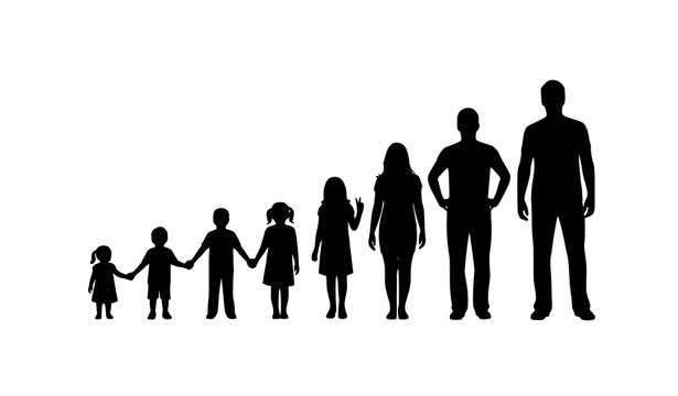 Dynamic human life stages silhouettes childhood to adulthood development concept vector isolated on white