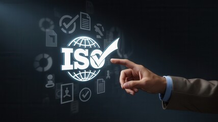 Obraz premium Businessman interacting with a digital ISO certification interface on a dark background