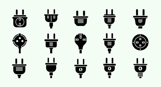 Set of electrical plug icons in black silhouette style.