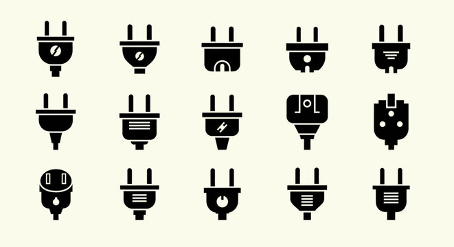 Set of electrical plug icons in black silhouette style.
