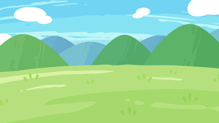 Fototapeta premium 絵の具で描いたような草原と山の背景イラスト_16:9