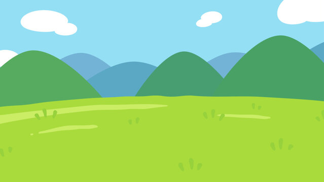 ゆるい雰囲気の草原と山と空の背景イラスト_16:9