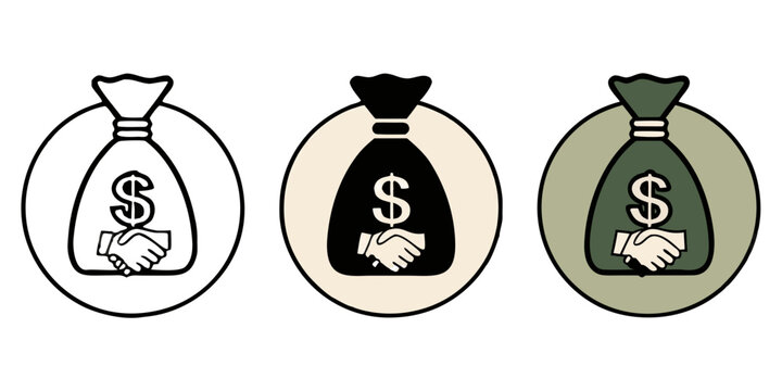 3x1 horizontal row showing 3 variations of financial agreement with money bag and dollar sign
