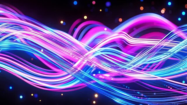 Glowing neon light streaks undulate in rhythmic motion, digital wave animation, abstract light trails, aesthetic, futuristic motion graphics.