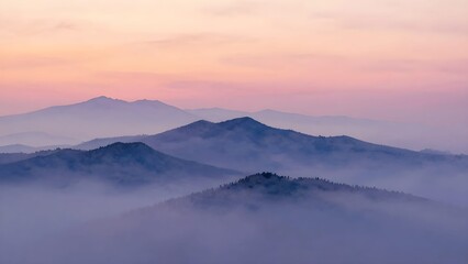 Fototapeta premium Watercolor Misty Mountain Landscape at Sunrise with Soft Fog Layers.