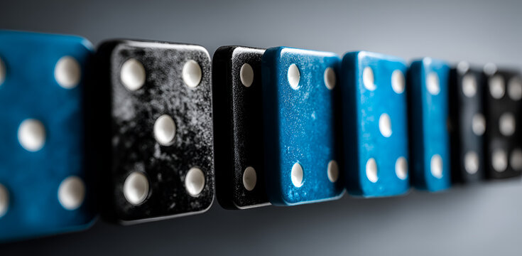 A close-up shot of a row of dice, some blue, some black. White pips adorn each face, focus is shallow