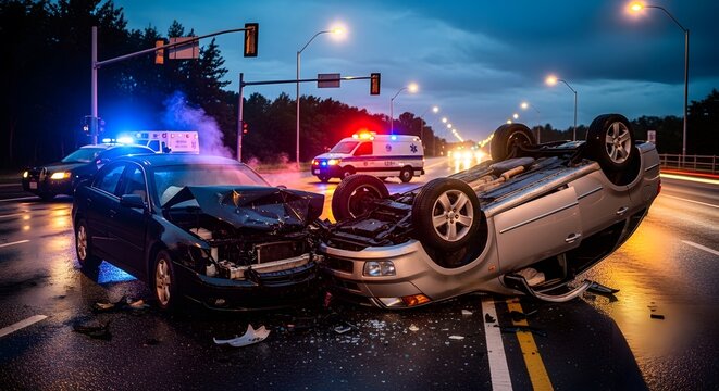 Cars involved in a nighttime traffic accident scene