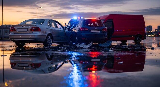 Police Car Accident Scene with Damaged Vehicles