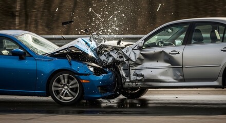 Fototapeta premium Damaged blue and silver cars crashed on road