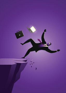 Businessman falling off cliff edge with laptop and briefcase symbolizing financial failure and risk