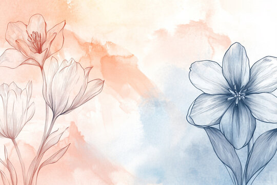Delicate ink line drawings of spring flowers on a soft, blended watercolor wash background in pale peach and powder blue.