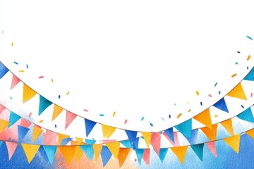 Obraz premium Colorful festive bunting and confetti on white and blue background