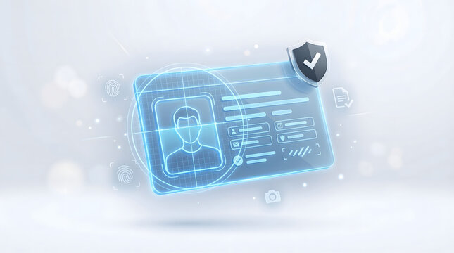 digital id card and biometric verification interface with glowing scan lines and security shield icon for identity protection cybersecurity and online data authentication services