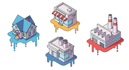Naklejka premium Isometric Buildings Variety House Store Factory and Business in Unique Design for Architecture and Cityscape Concepts and Creative Visualizations