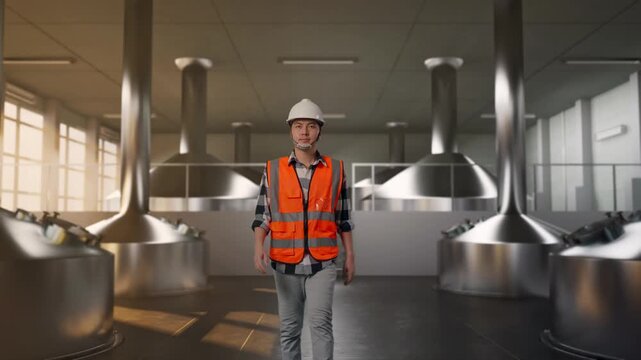 Front View of Asian Male Engineer Walking at Modern Stainless Steel Brewing Vats in Large Scale Beer Manufacturing Plant