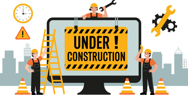 Under construction website concept with workers repairing screen, maintenance service illustration, modern flat vector design