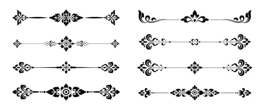 Thai Kanok decorative borders and dividers vector set with traditional line ornaments, elegant vintage pattern collection for frames, invitations, certificates, menus and branding design